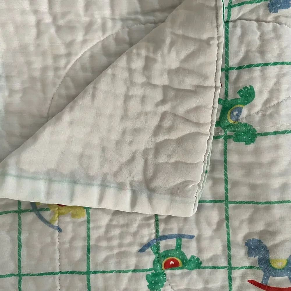 Vintage 80s Quilted White Green Grid Rainbow Rocking Horse Print Baby Blanket